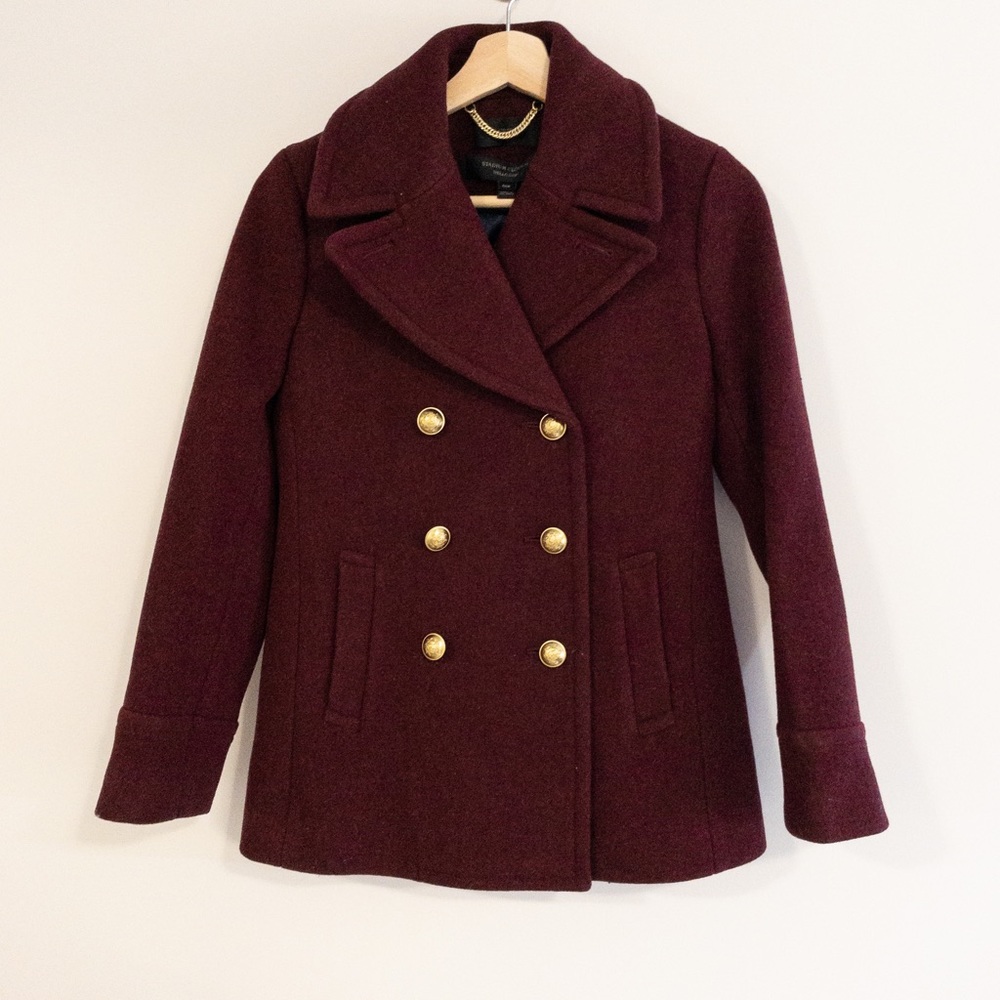 NWT J Crew Petite Merlot Stadium Cloth by Nello Gori Majesty Pea Coat, 00P